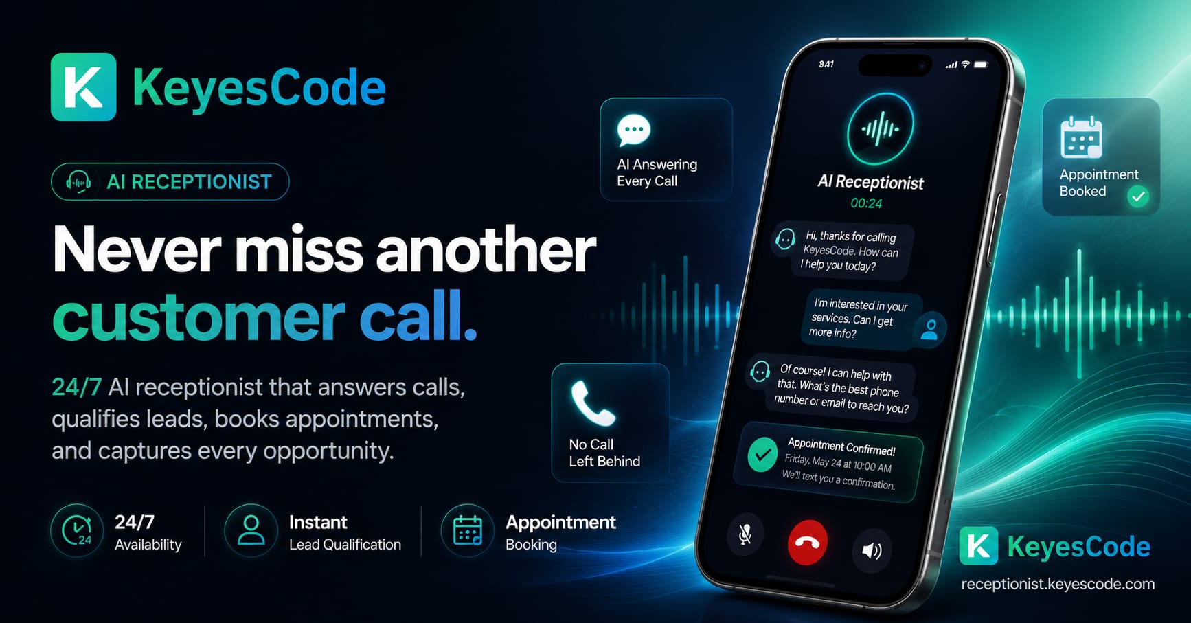 Meet the KeyesCode AI Receptionist: 24/7 Calls, Chat, and Scheduling
